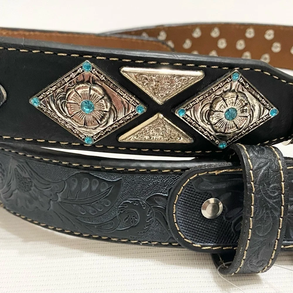West Star Texas Men’s Western Black Tooled Leather Silver Concho Belt XXL